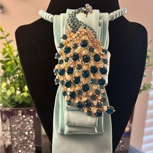 Aqua Satin tie with Teal Crystal Brooch